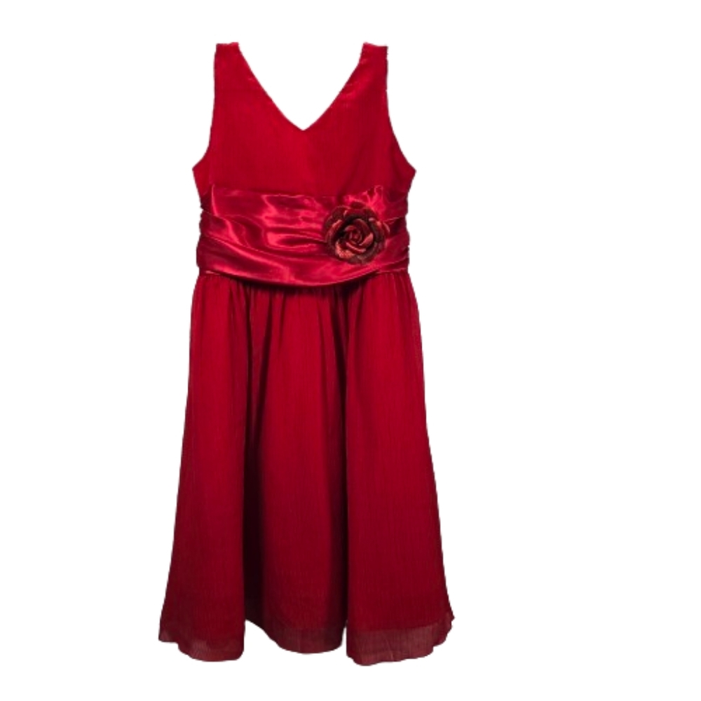 My Best Kids Red Dress w/Satin Sash, V-neck, Sheer Overlay, Sleevless, Sz 11-12